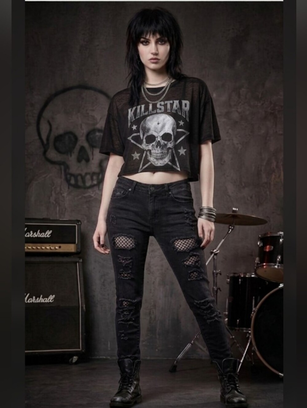 Killstar Black Distressed Mesh Skinny Jeans, Small
